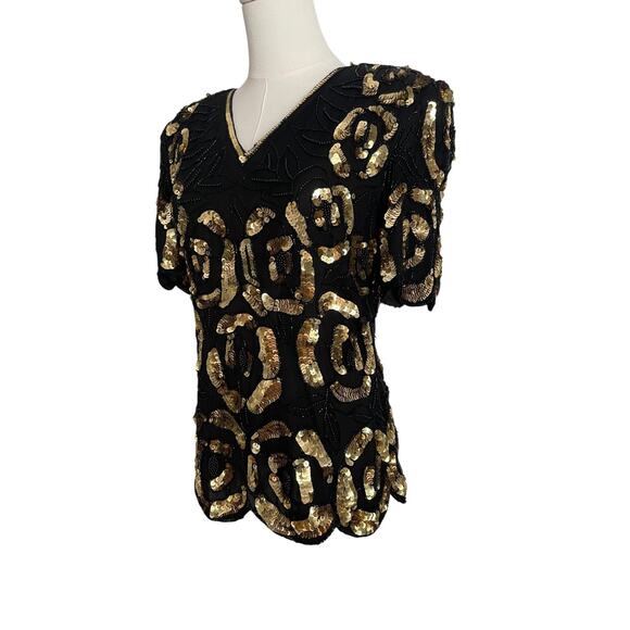 VTG. Stenay Silk Blouse Womens S Black Gold Sequin Beaded Top 90s Glam New Years - Picture 5 of 10